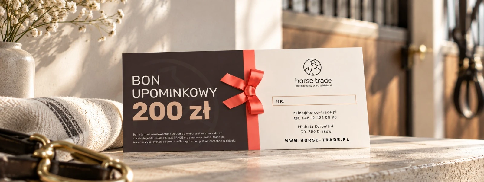 Horse Trade · 200 zł · BUONO REGALO Questo buono del valore di 200 PLN è utilizzabile nel negozio di equitazione HORSE TRADE e online. Le condizioni di utilizzo sono definite nel regolamento del buono, disponibile in negozio.